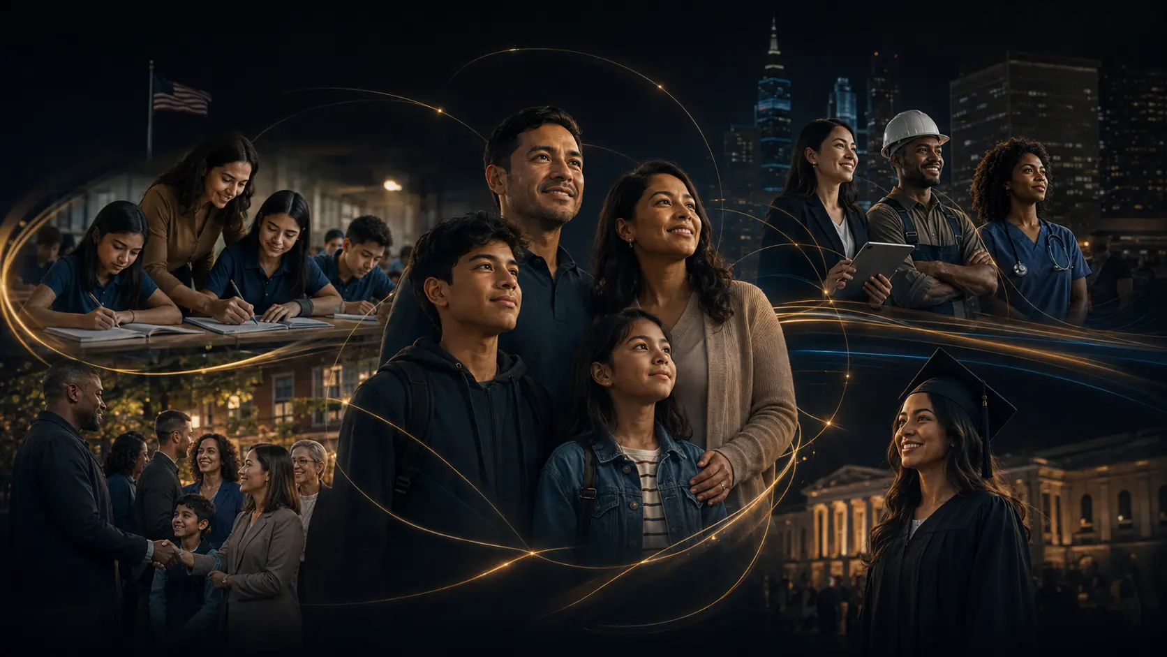 A multigenerational immigrant family alongside students, graduates, and professionals