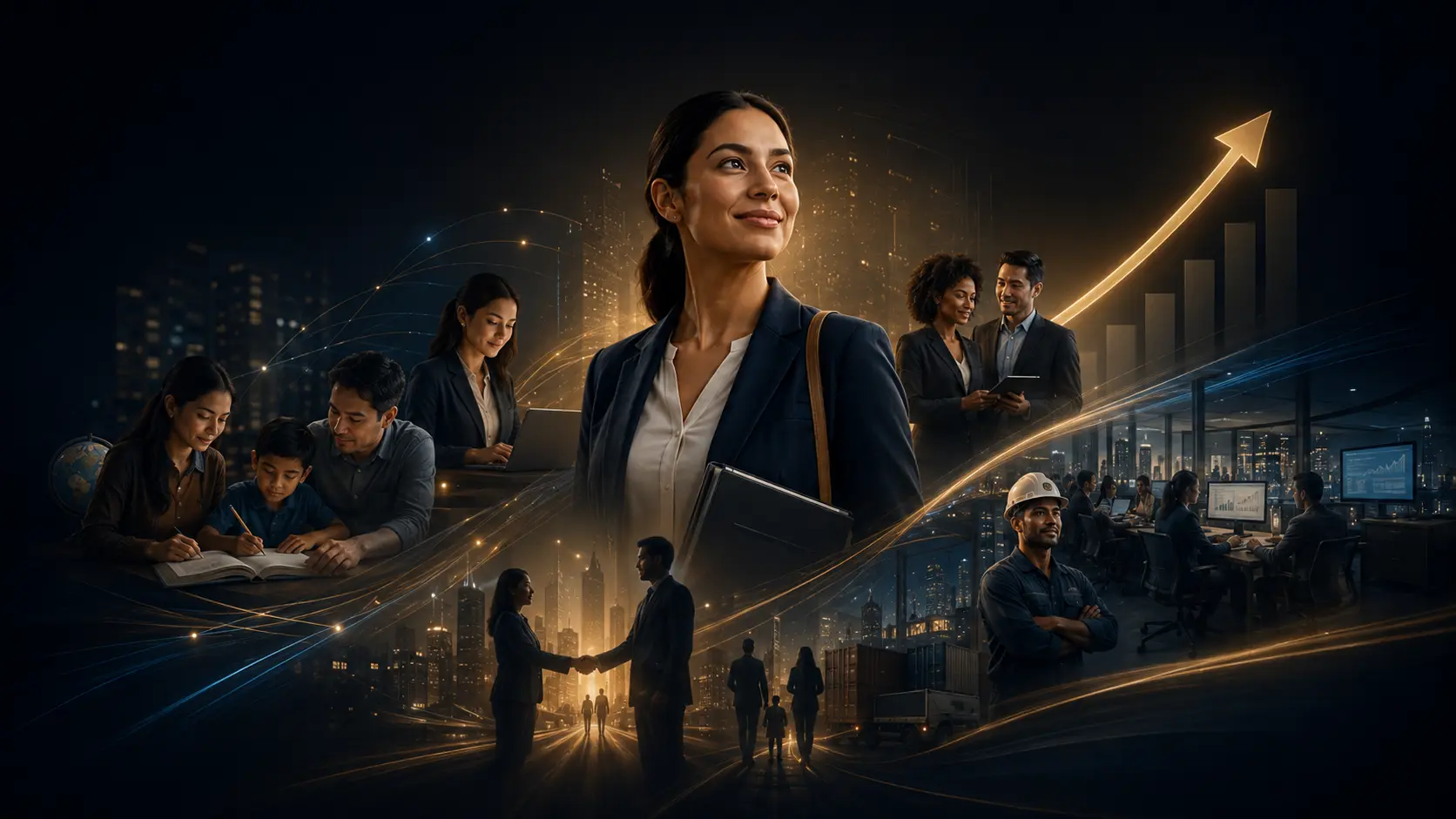A professional woman with a city skyline and rising growth chart behind her