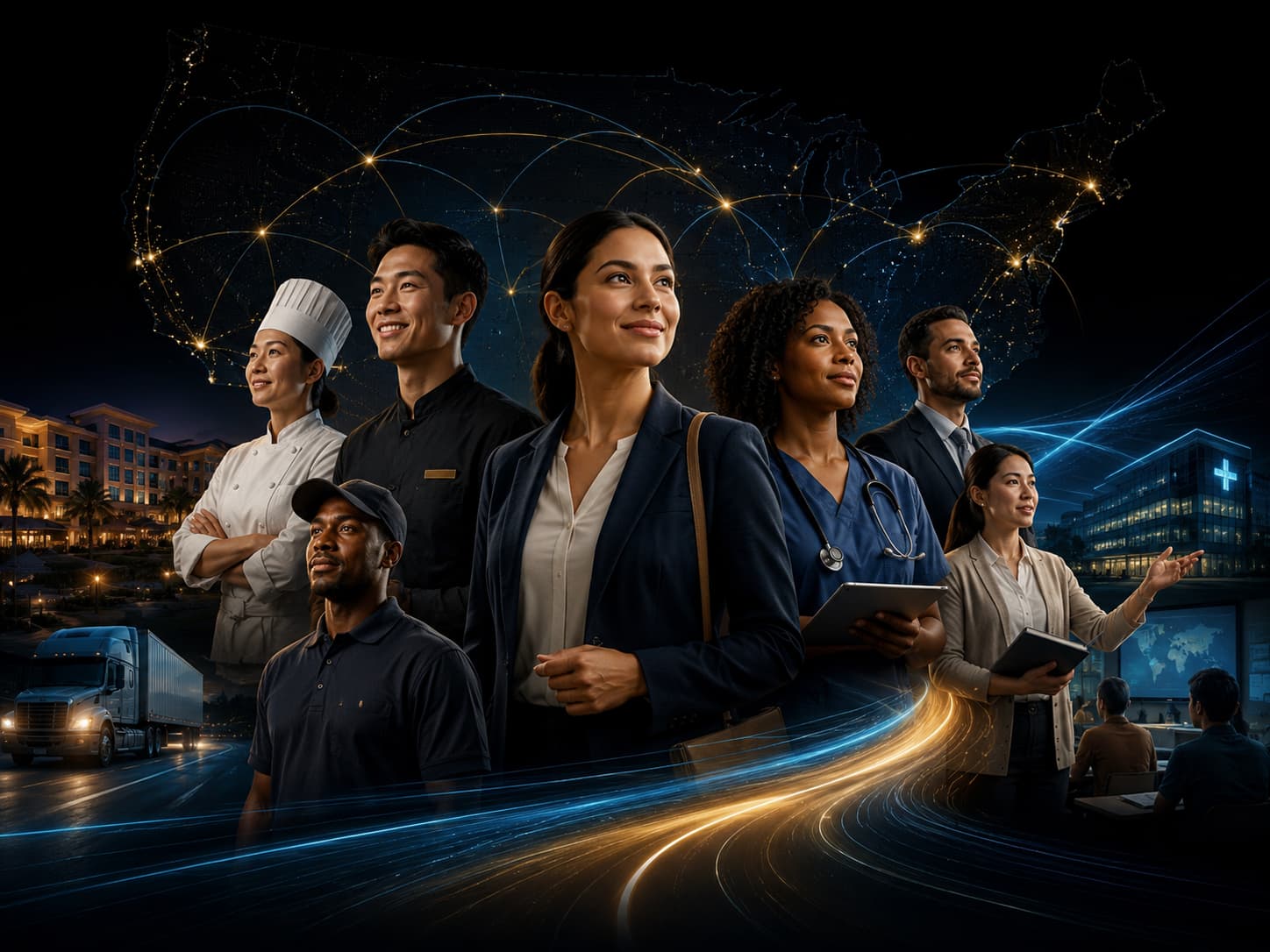 Workers and professionals across healthcare, hospitality, logistics, and business
